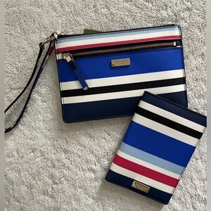 Kate Spade Blue & White Striped Wristlet & Matching Passport Wallet Set